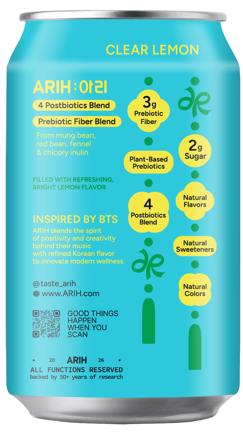 ARIH Dual Biotic Soda, Functional Prebiotic and Postbiotic Soda, Low Sugar, Clear Lemon, 12 fl oz