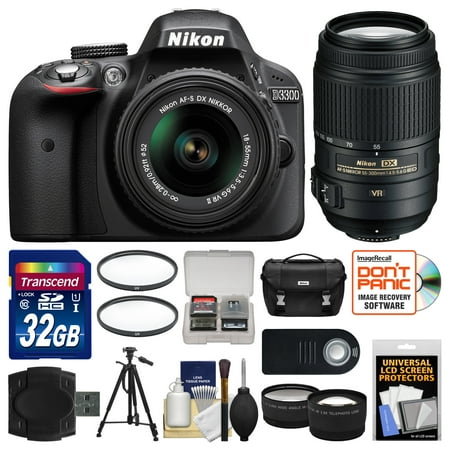 Nikon D3300 Digital Camera Nikon D3300 Digital SLR Camera & 18-55mm VR DX II AF-S Lens (Black) - Factory Refurbished with 32GB Card + Case + Tripod + Filter + Remote + Tele/Wide Lens Kit ()