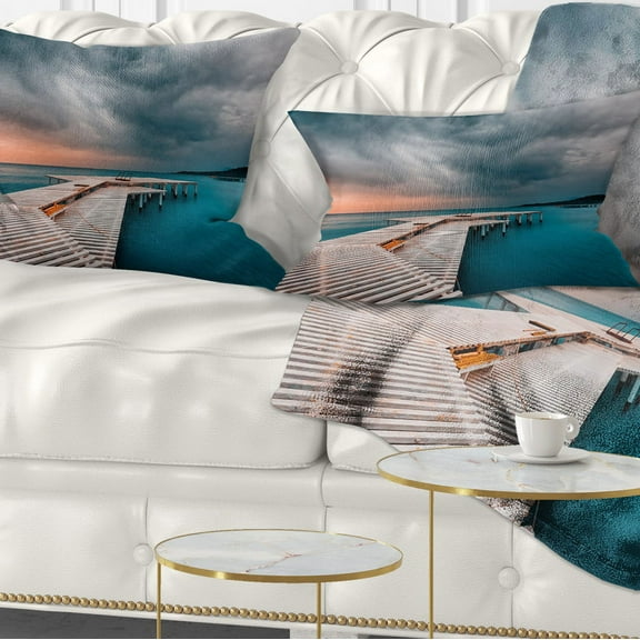 Designart Pier in Ocean in Cloudy Day - Seashore Photo Throw Pillow - 12x20