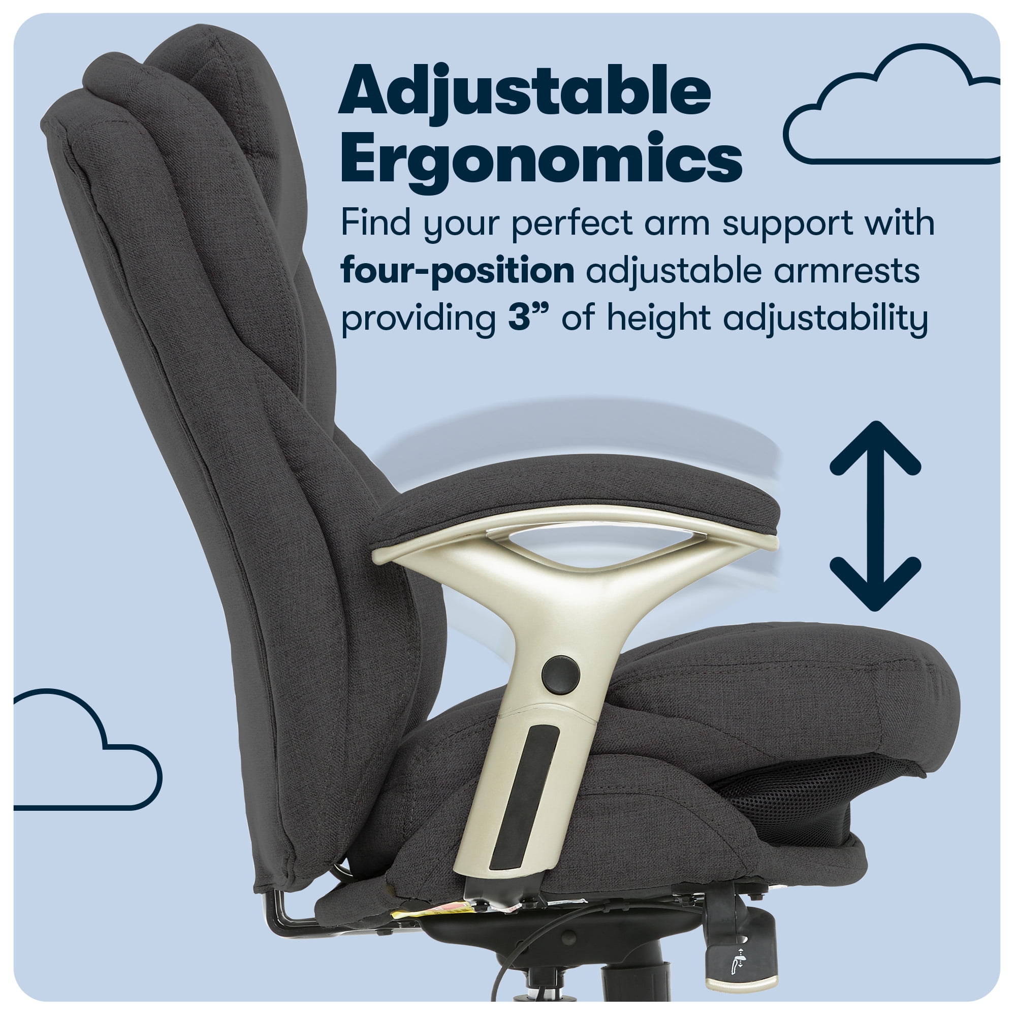 Serta Claremont Executive Office Chair with Back-In-Motion Technology, Ergonomic Mid-Back with Pivot Lumbar Support and Seat, Plush Cushion, Body Pillows, Adjustable Arms, Dark Gray Fabric