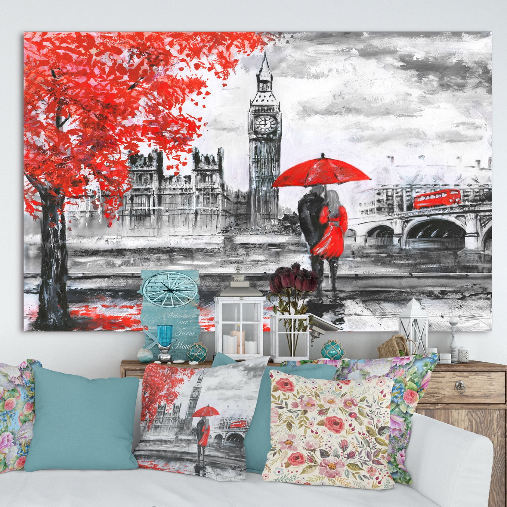 Designart 'Couples Walking in Paris ' Large landscape Canvas Art Print