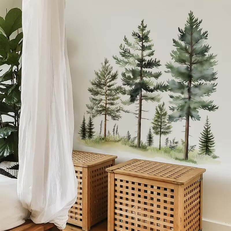 Watercolor Tree Wall Stickers Small Pine Tree Wall Decals Green Tree Wall Window Stickers Removable Forest Tree Wall Decals Peel and Stick Small Tree Wall Decals for Bedroom Living Room
