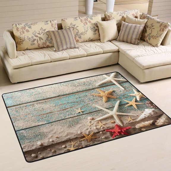 SKYSONIC 72x48in Summer Seashell Starfish Area Rug, Vintage Beach Board Non-Slip Floor Carpet for Indoor Living Dining Room and Bedroom Area