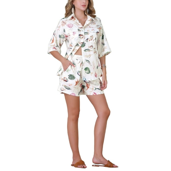 INSPIRE CHIC Women's Summer 2 Piece Beach Outfits Printed Button Down Shirt and Shorts Casual Vacation Sets XS White