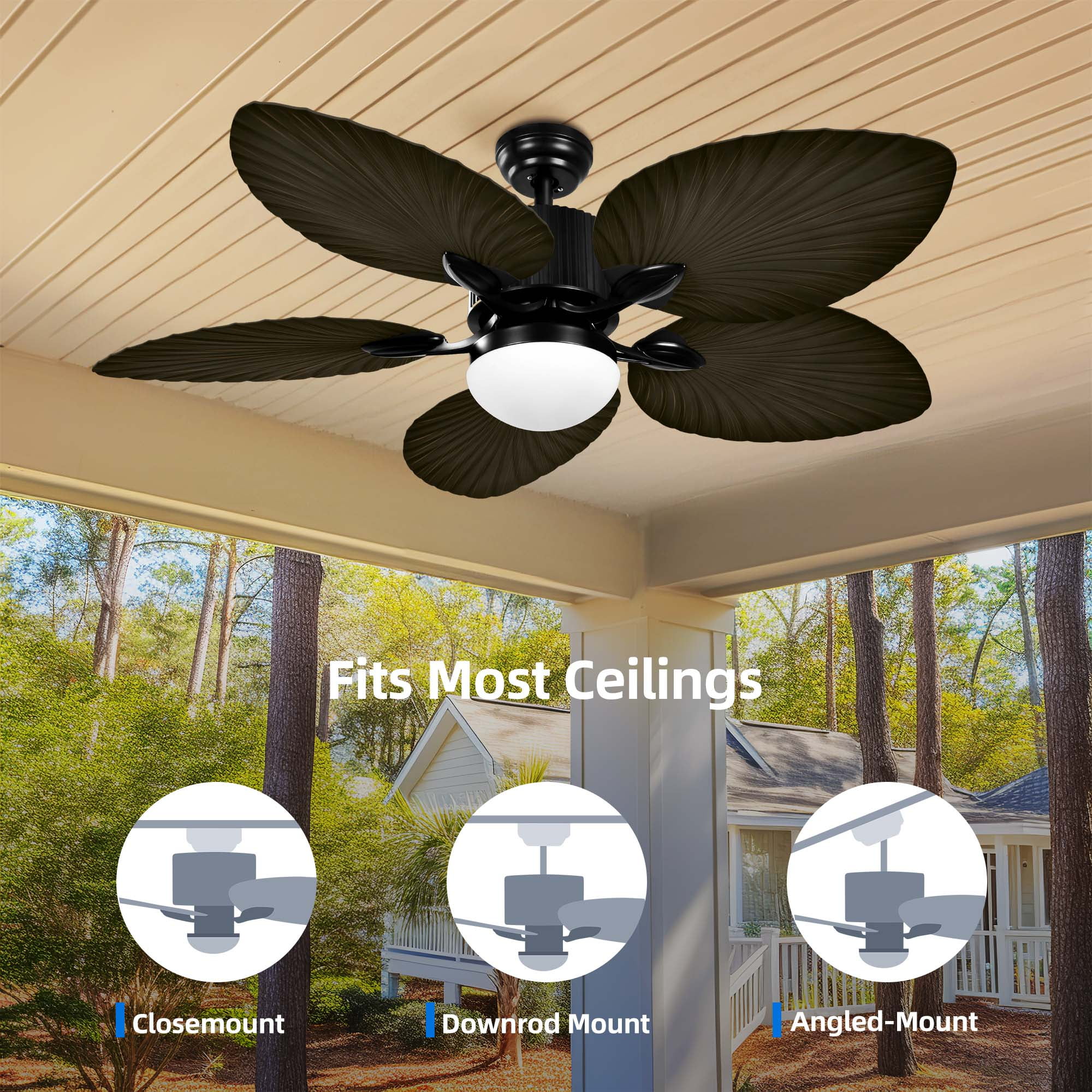 Uforic 52" Tropical Black Ceiling Fan with Light and Remote,5 Palm Leaf Blades Energy-efficient ceiling fan