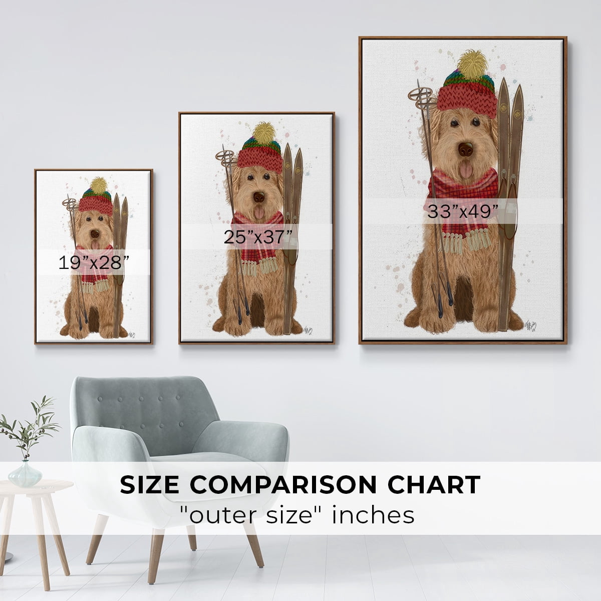Goldendoodle Ski Dog - Framed Gallery Wrapped Holiday Canvas - 25 x 37 - Rosewood Frame