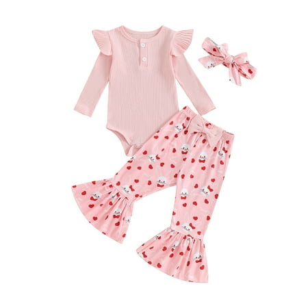 

Bslissey Baby Girls Easter 2Pcs Outfit Long Sleeve Romper + Cartoon Bunny Print Flare Pants + Headband Sets Newborn Infant Casual Cute Clothes 3M 6M 12M 18M