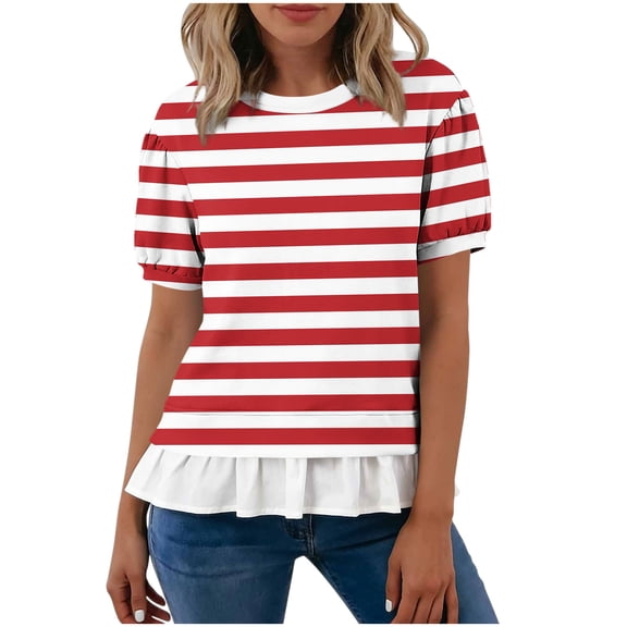 hotojiny Womens Tops Summer Short Sleeve Striped Shirts with Ruffle Hem Loose Fit Crew Neck T-Shirts Streetwear