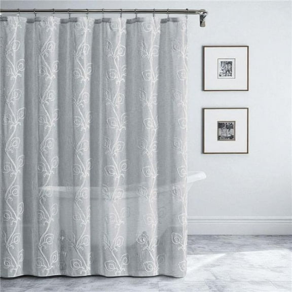 HomeRoots 484022 72 in. Gray Floral Faux Linen Shower Curtain with Embroidery