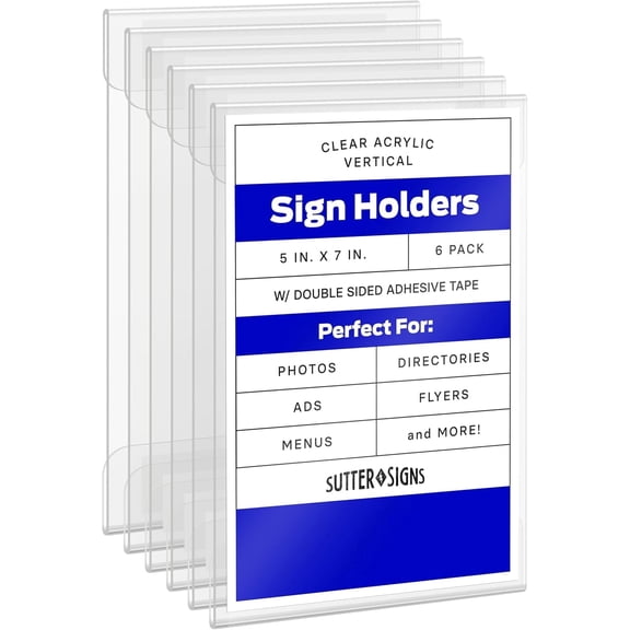 Sutter SIgns 6pk Acrylic Wall Sign Holders 5x7 | Vertical Wall Frame Document Holder with Strong Adhesive Tape to Mount