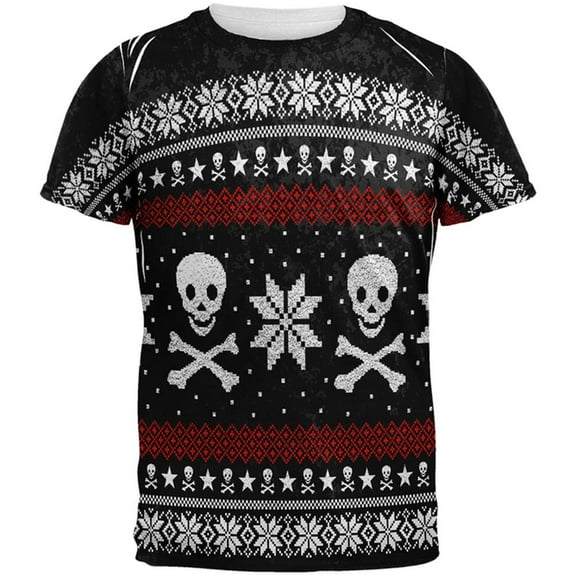 Ugly Christmas Sweater Pirate Skull and Crossbones All Over Mens T Shirt Multi X-LG
