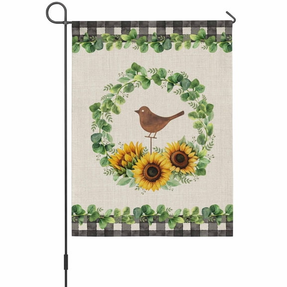 Spring Sunflower Bird Garden Flag 12 x 18 Inches, Eucalyptus Leaves Linen Black Plaid Weather Proof Outdoor Patio Flags Double Sided Small Garden Decoration for Yard Outside Home