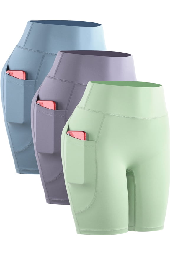 Womens Plus Size High Waist Yoga Spandex Shorts for Workout Compression with Pockets,Light Blue+Light Purple+Light Green,US Size 2XL