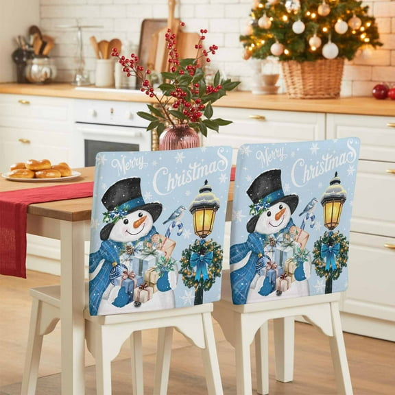 Light Blue Snowman Chair Covers Set of 6 Christmas Winter Wreath Snowflake Xmas Chair Back Covers Stretch Removable Washable Slipcovers Protector for Dining Room Kitchen Party Decor