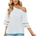 thumbnail image 4 of Women Summer Solid Color Loose Fitting Chiffon Blouse 3/4 Bell Sleeve Mesh Panel Shirt Cold Shoulder Metallic Buckle Top, 4 of 9