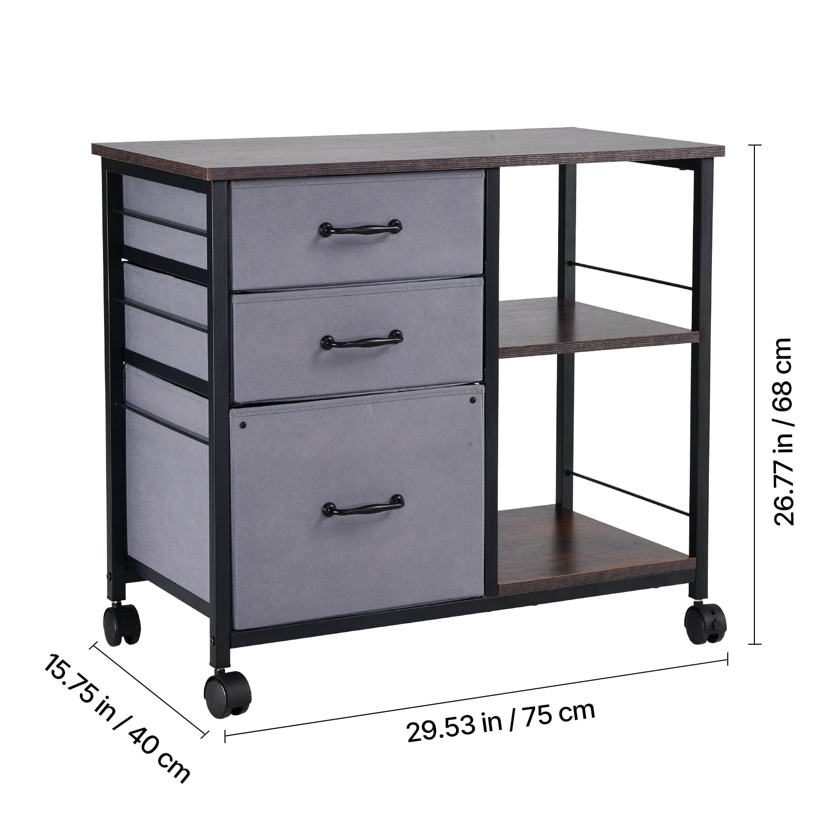 KFFKFF Metal File Cabinet, Mobile Filing Unit with 3 Fabric Drawers and 2 Open Shelves, Wooden Vertical Storage Cabinet with Wheels for Letter, A4, and Legal Size Files, Easy to Assemble, Brown