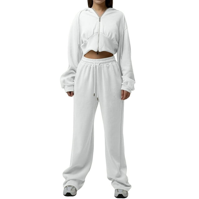 Women'S Tracksuit Set - Long Sleeve Zipper Hooded Sweatshirt with Solid Color Lace-Up Pants - Two-Piece Set White S