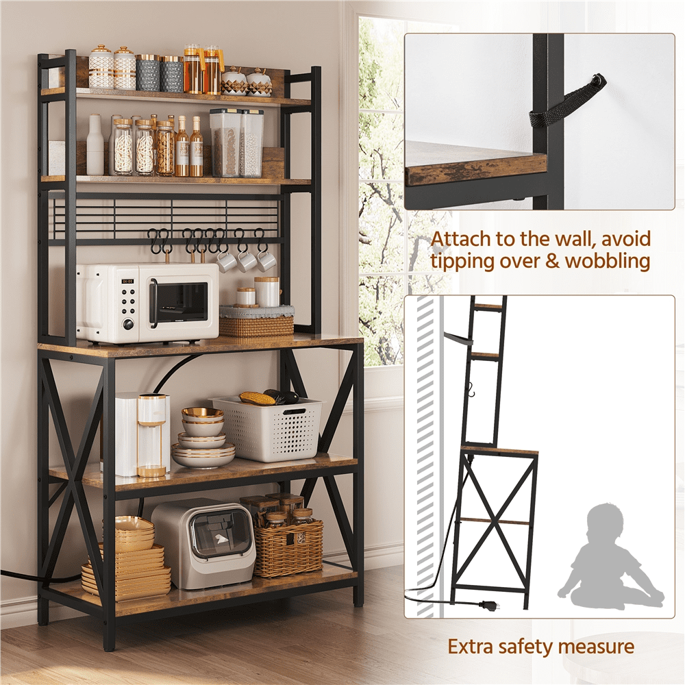 Renwick 5-Tier Industrial Kitchen Baker's Rack with Led Light and Power Outlets, Rustic Brown