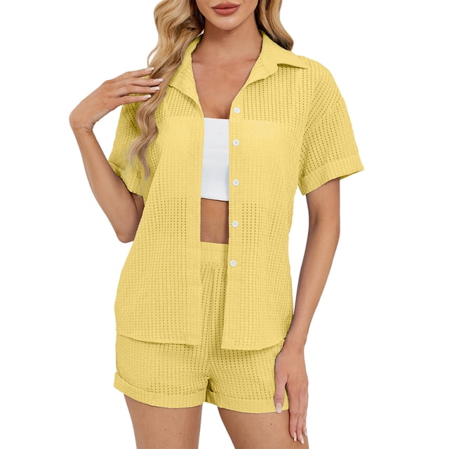 Conjunto de Color de Agua Manga Corta Casual Y Pantalones Cortos Traje, Color Sólido Deportes Hogar Vestir Trajes de Verano
