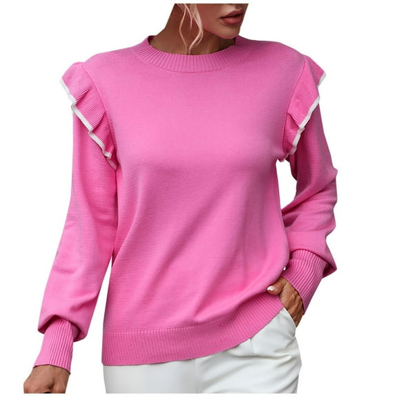 ShomPort Fall Sweater for Women Long Sleeve Ruffle Trim Knit Pullover Casual Loose Tunic Tops