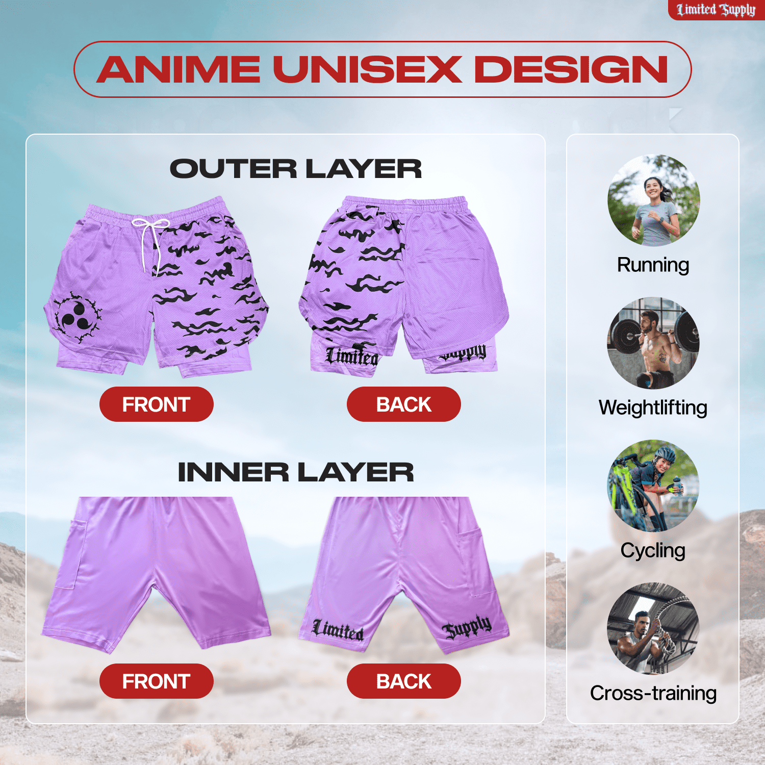 Anime Shorts 2pcs Set- Breathable Mesh Stretch Compression Gym