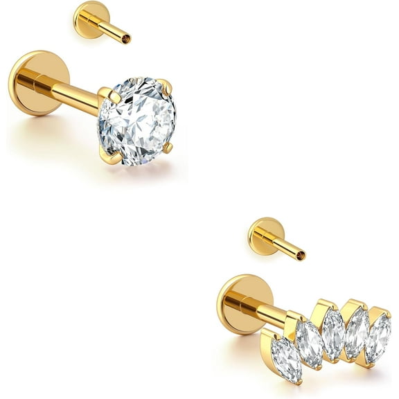 16G Gold Stud Earrings Flat Back - G23 Titanium Internal Thread Clear CZ Cartilage Earrings for Women