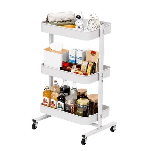 3 Tier Rolling Cart Metal Utility Storage Cart With Wheels for Bathroom, Office, Kitchen, Laundry Room, Heavy Duty Rolling Storage Cart, White