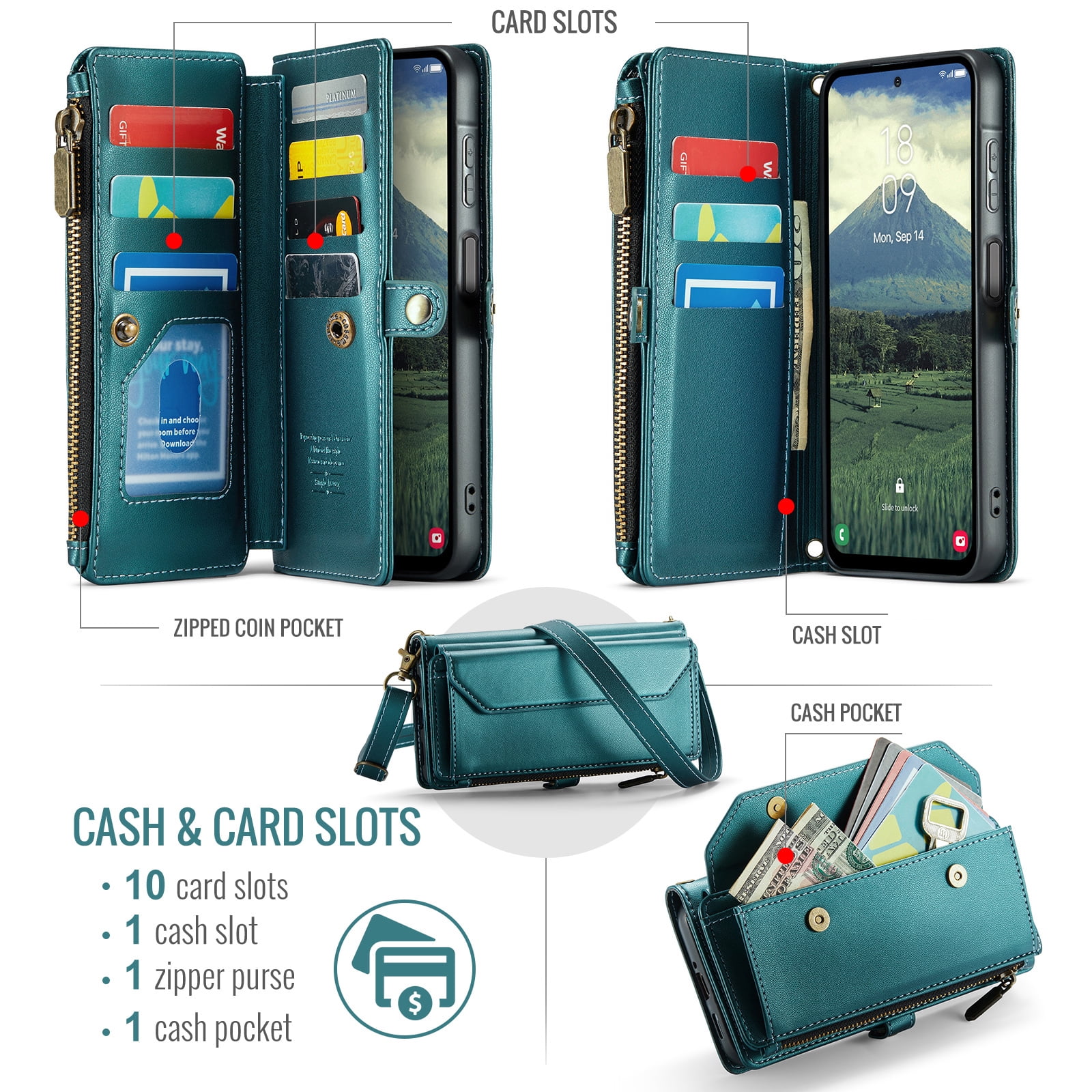 Asuwish Compatible with Samsung Galaxy A17 5G Zipper Wallet Phone Case Tempered Glass Screen Protector Crossbody Lanyard Strap Flip Card Holder Slot Cell Cover for A 17 17A G5 Women Girls Green