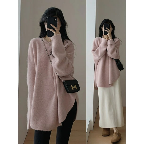 Suéteres de punto para mujer, Jersey francés de gama alta, holgado, de longitud media, estilo perezoso, otoño e invierno, 2024