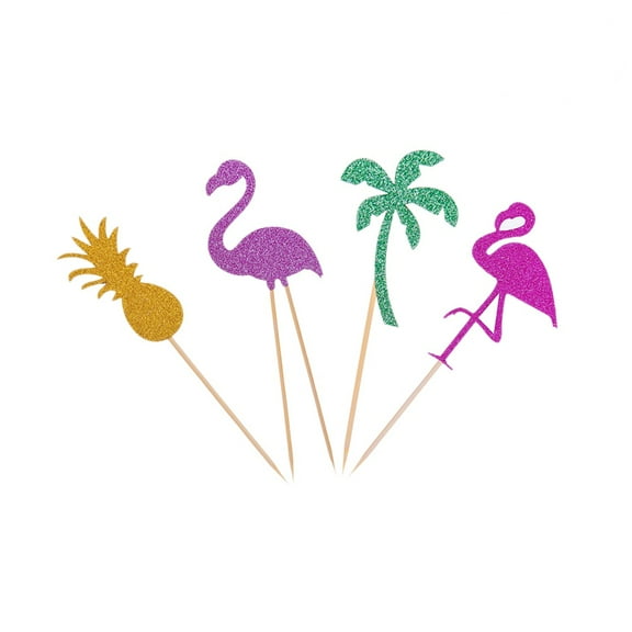 MLINS 24pcs Flamingo Pineapple Coconut Tree Cake Toppers Glitter Cupcake Picks Cake Decoraiton for Birthday Hawaii Luau Party