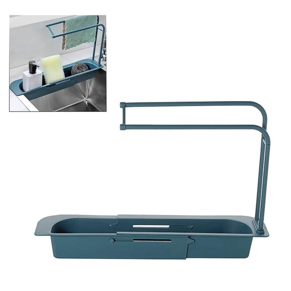 FXMLRLK Telescopic Kitchen Over Sink Organizer with Towel Hanger, Expandable Slim Drain Basket Multifunctional Caddy Adjustable Length Colander Rack Sponge Holder Storage Tray(Blue)