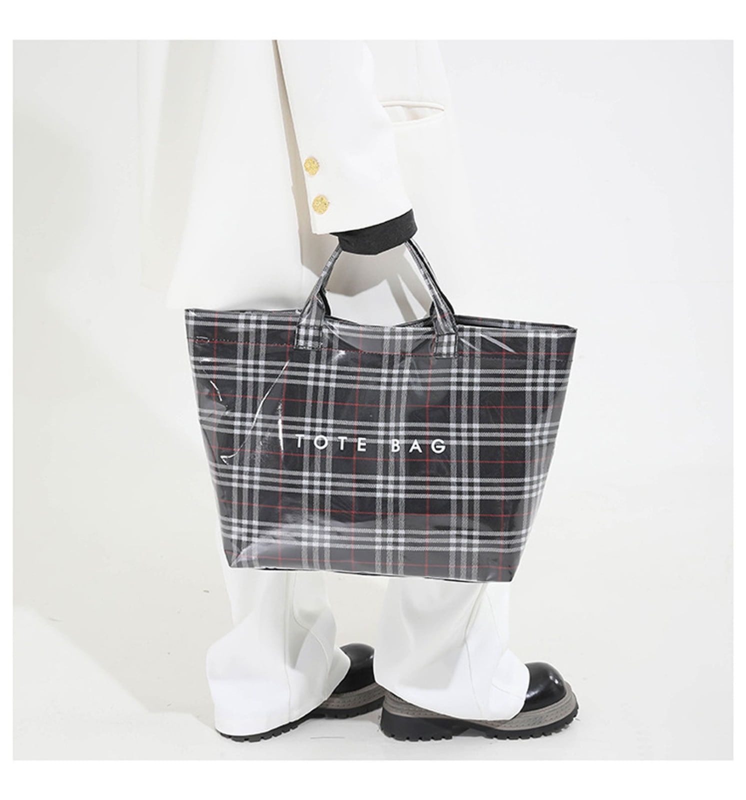Comefolife Christmas Black Plaid PVC Tote Bag for Women Vintage Christmas Buffalo Check Tote Bag Plastic Handbag