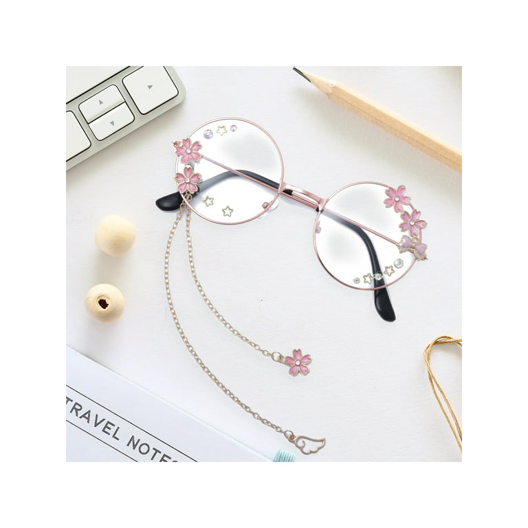 Gwiyeopda Kawaii Glasses with Chain Accessories Glass Case Included Accessories Sakura, Size: One size, Pink