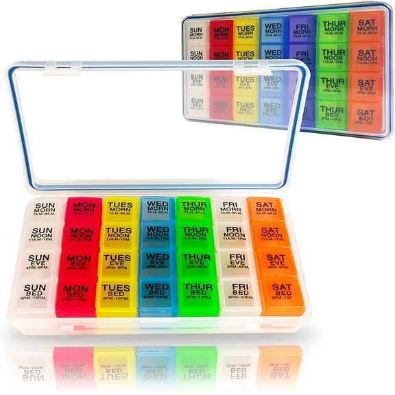 GMS Gasketed 7-Day 4-Times-a-Day Pill Organizer for Vitamins, Pills, and Supplements - BPA-Free & Waterproof with Daily, Removable, Multi-Colored Tablet Boxes