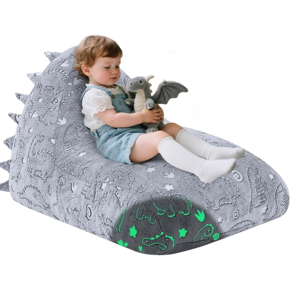 Dinosaur Bean Bag Chair for Kids, Glowing Grey, 39.4"D x 23.6"W x 23.2"H