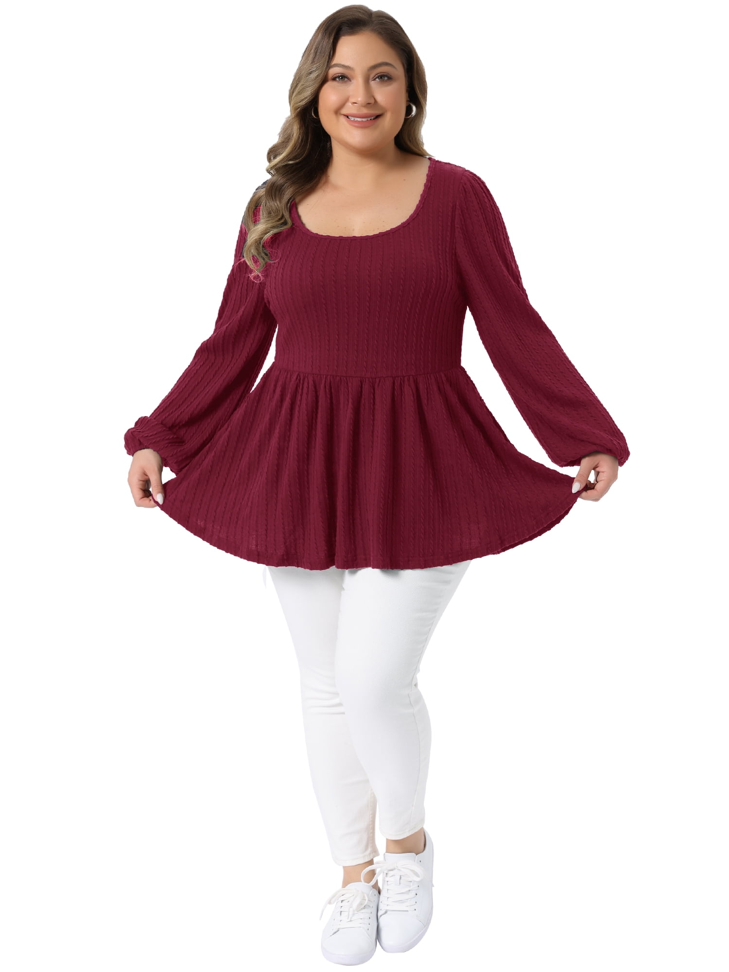 DARING DIVA Women's Plus Blouses Scoop Neck Ruffle Hem Peplum Knit Top 1X Wine Red
