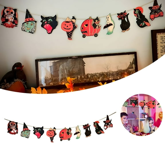 LAMIRO Halloween Decorations Indoor Vintage Wood Halloween Decoration Garland Vintage Banner Pumpkin Witch Die Cut Weird Wall