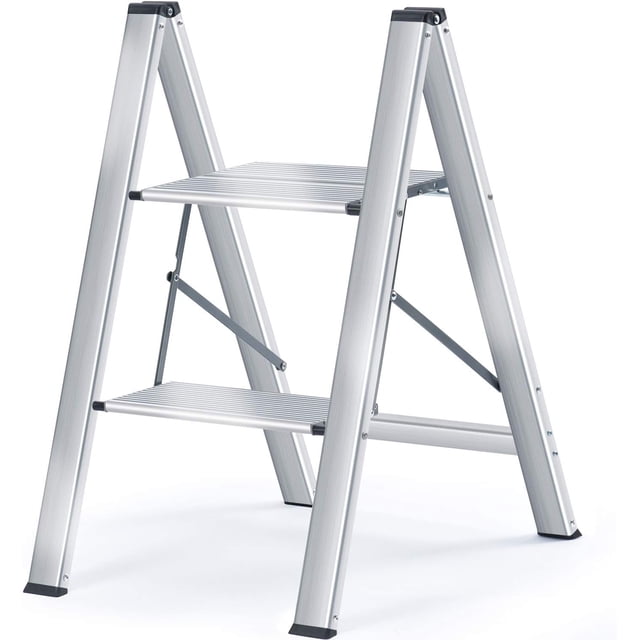 Step Ladder Aluminium Folding Ladder with Wide Steps Portable Slim Step Stool Household Ladder Stepladder with Multi-Function Silver