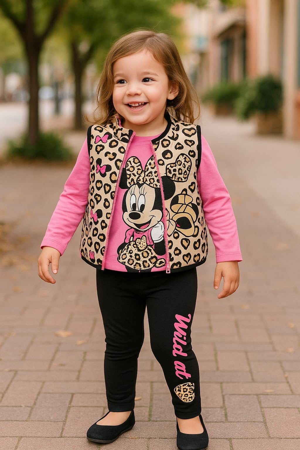 Disney Minnie Mouse Girls 3-Piece Outfit Set  Leopard Print Vest, Long Sleeve Top & Leggings  Toddler & Kids Clothing