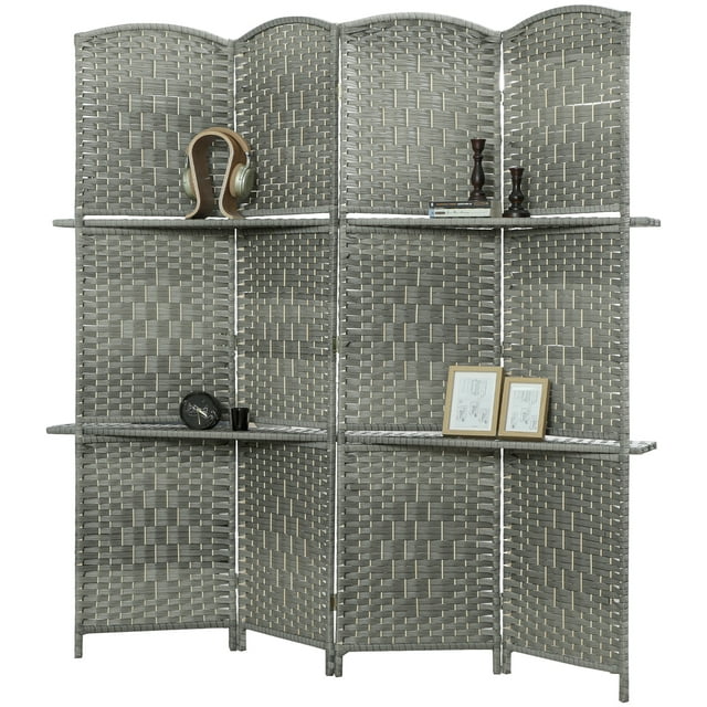 HOMCOM Paravent Pliant avec Étagères, Séparateur de Pièce à 4 Panneaux, Gris