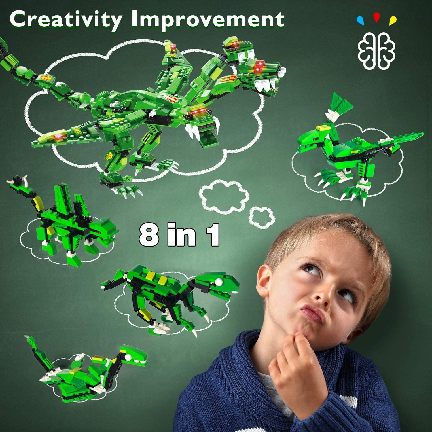 876 Pcs Dinosaurs Building Toys Set, 8 in 1 Building Blocks Kit with Storage Bucket, ENP 3 Headed Dinosaur Toys for Boys Girls, Gifts for Kids 6-12, Green