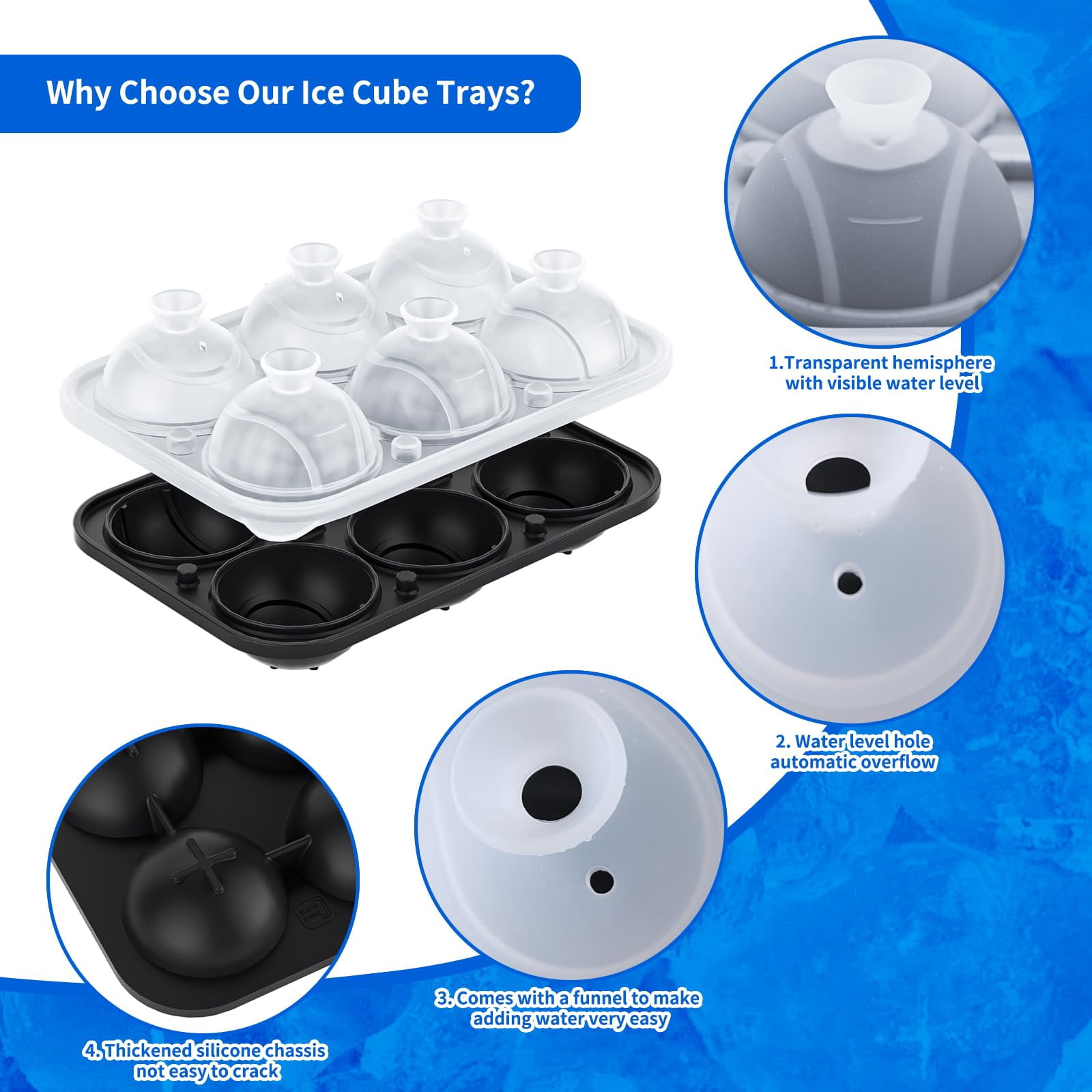 6 Chamber 2.2" 3d Tennis Gifts Ice Cube Tray With Funnel Large Round Ball Maker Mold Silicone Fun Shapes Sphere Molds For Chilling Brandy And Beverages