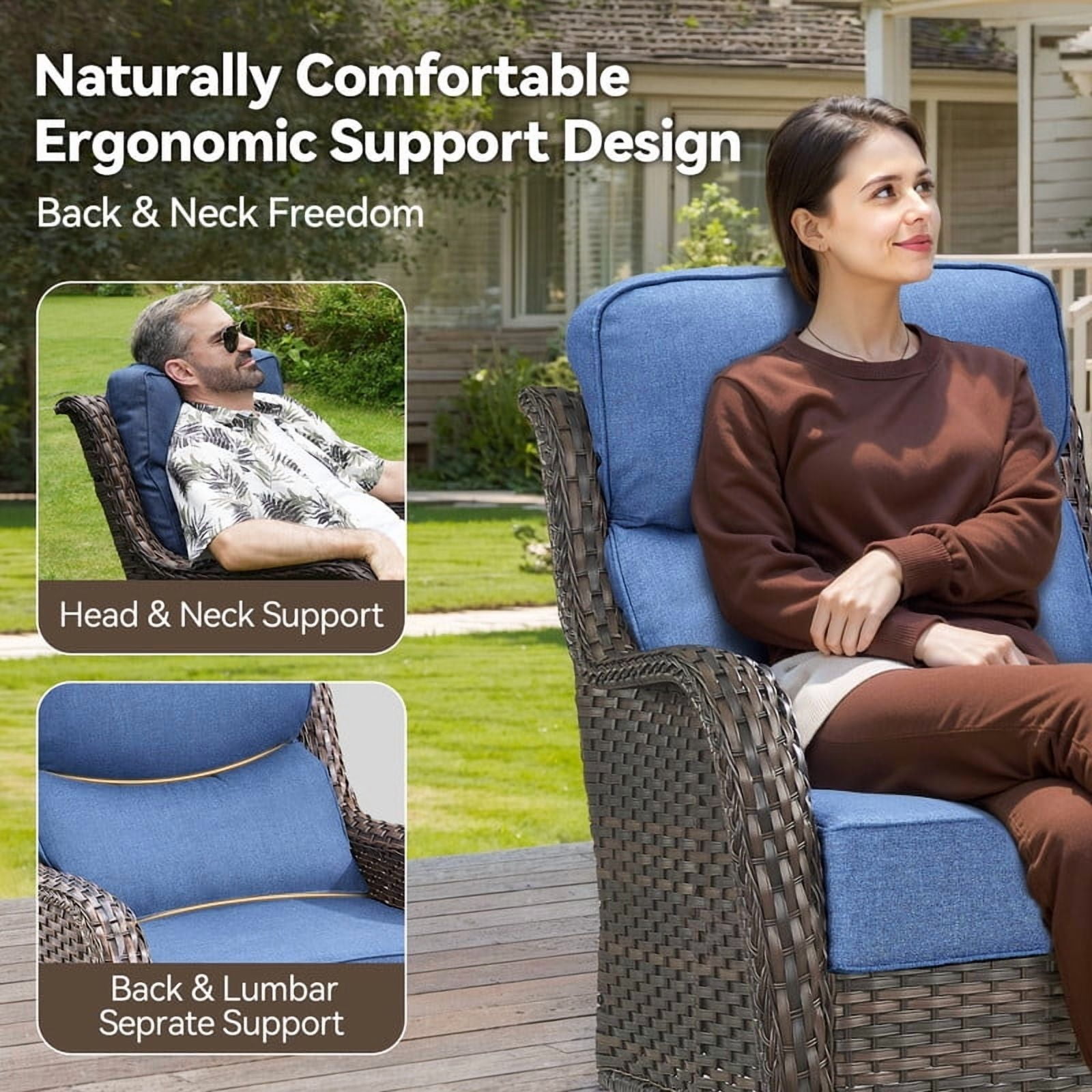 PARKWELL 4 Piece Outdoor Patio Furniture Set,All-Weather High Back Conversation Set with Luxury 6-Inch Thick Cushions,Swivel Glider Chair,5-Seat Furniture Sets for Garden, Deck, Backyard,Brown/Navy