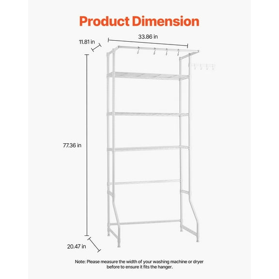 Adjustable Over The Washer Shelf - 3-Tier Laundry Drying Rack with Hooks, White