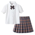 thumbnail image 4 of Cotton Two Piece Skirt Set for Girls Summer Puff Sleeve Collared Top Plaid Skirt Bow Tie Preppy School Uniform Outfit for Class Photos Party Recital, 4 of 6