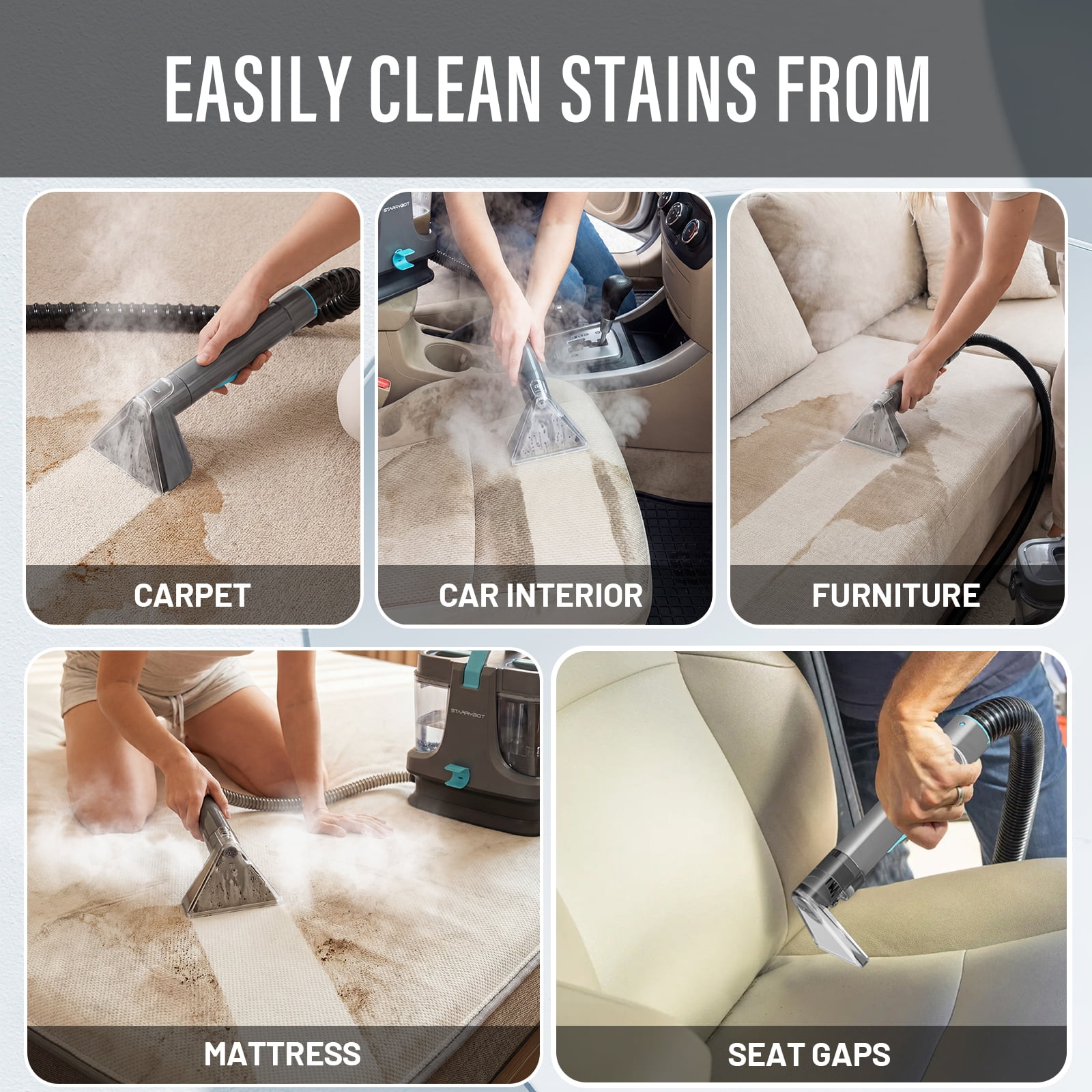 Starrybot Portable Carpet Cleaner Machine with Steam and Heating Techology,18Kpa Powerful Suction with Versatile Tools for Pets, Couch,Spot Cleaner for Stairs/Furniture/Rug