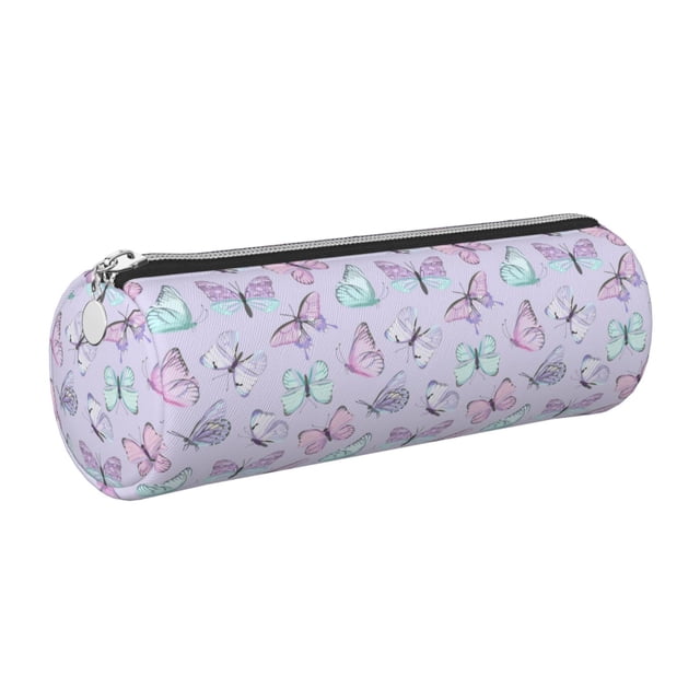 Easygdp Purple Butterfly para Estuche de Lápices Cilíndrico de Cuero con Cremallera, Organizador de Lápices de Cuero para Escuela, Oficina y Viajes