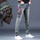thumbnail image 2 of Pantalones vaqueros ajustados informales para hombre con estampado elástico para hombre, pantalones vaqueros elásticos de algodón lavados originales con gráficos cónicos S, 2 of 5