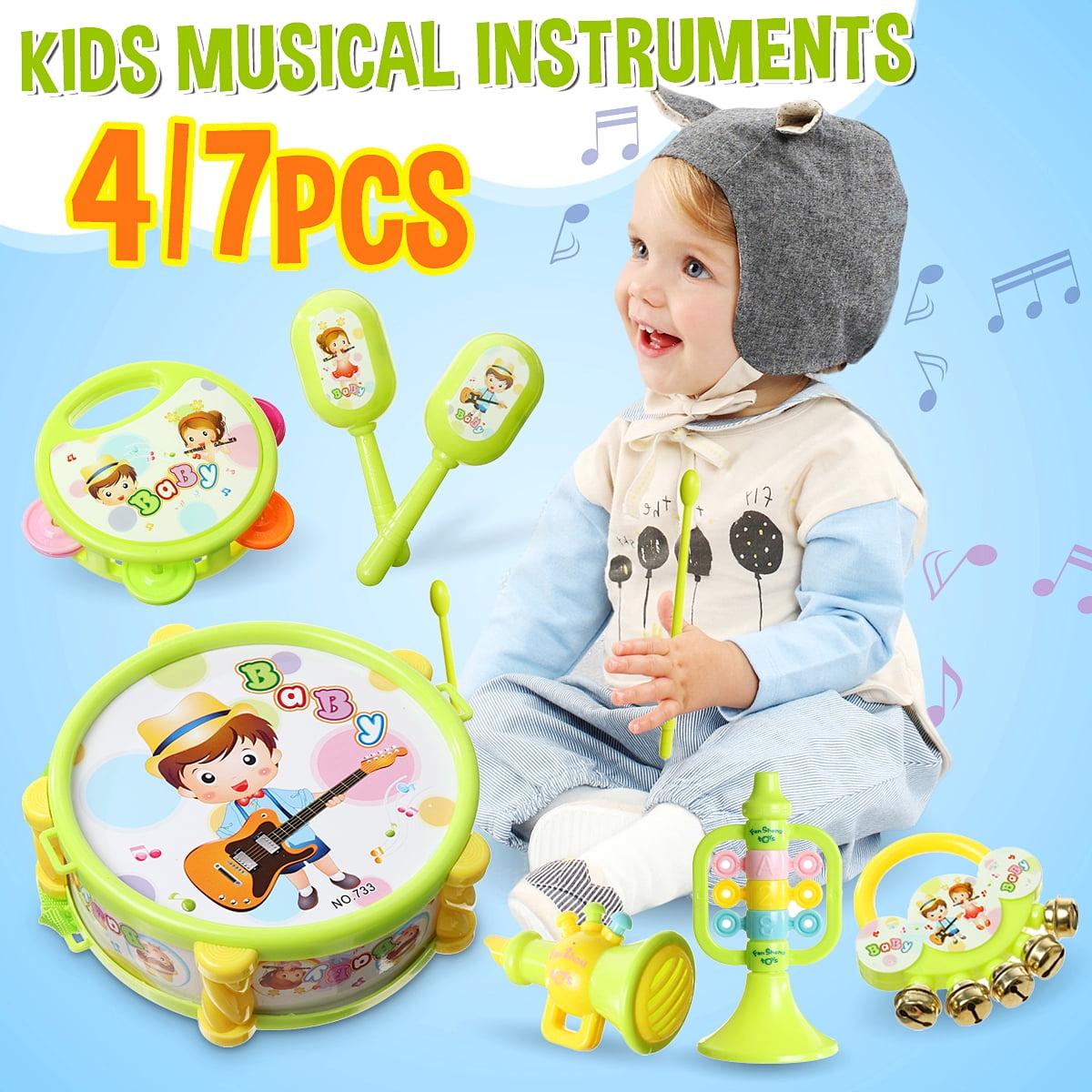6 in 1 Toddler Baby Boy Girl Drum Musical Toys Instruments Kids Band Kit New H5E 
