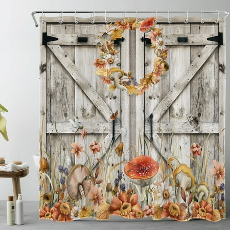 HVEST Fall Mushroom Shower Curtain for Bathroom Country Wildflower and Autumn Leaves on Rustic Barn Door Bathroom Shower Curtains with Hooks, Western Farmhouse Bathroom Curtains Shower Set 69x70 inch